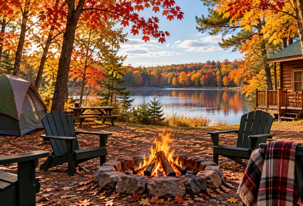 Scenic fall camping site near Baldwin, MI, featuring colorful autumn foliage, a lakeside cabin, tent, Adirondack chairs, and a cozy campfire.